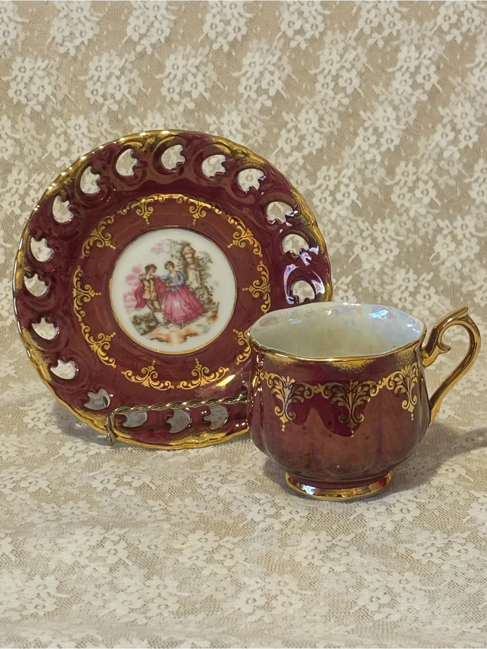 Vintage Ohashi China Burgundy & Gold Teacup & Saucer